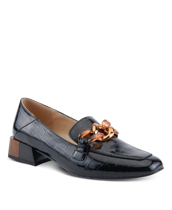 アズーラ レディース シューズ パンプス レザー ローファー ヒール Azura Women's Baldwin Patent Leather Loafers with Croco Texture Gold Lucite Chain Bit Faux Wood Heel and Cushioned Insole Slip-Ons for Everyday Black patent ブラック