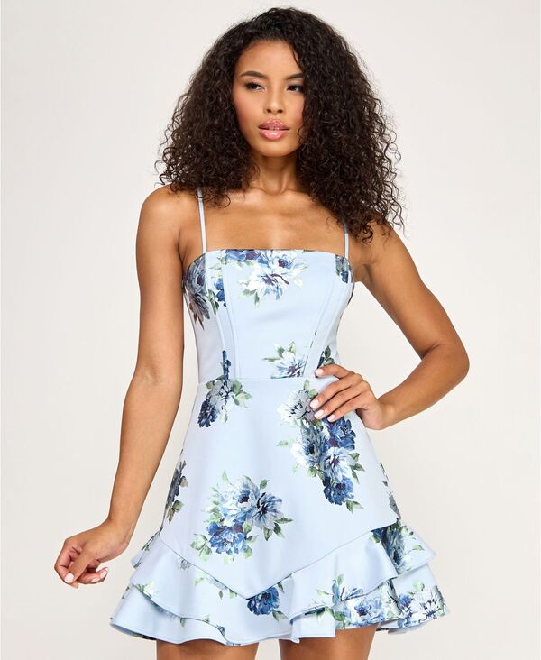 シティー スタジオ レディース トップス ワンピース フリル裾 フリル ミニ City Studios Juniors' Spaghetti Straps Tie Back Ruffle Hemini Dressky Navy ネイビー