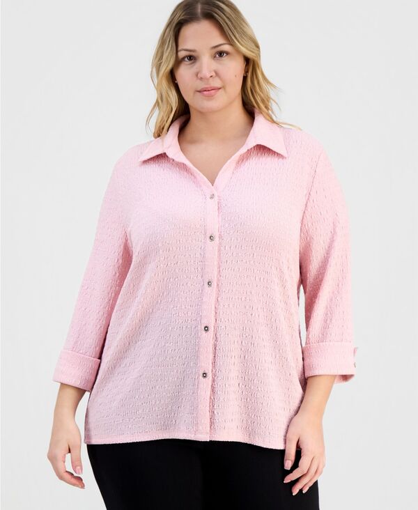 カスパール レディース トップス シャツ プラスサイズ Kasper Plusize 3/4-Sleeve Button-Front Shirtutu Pink ピンク|ReVida 店