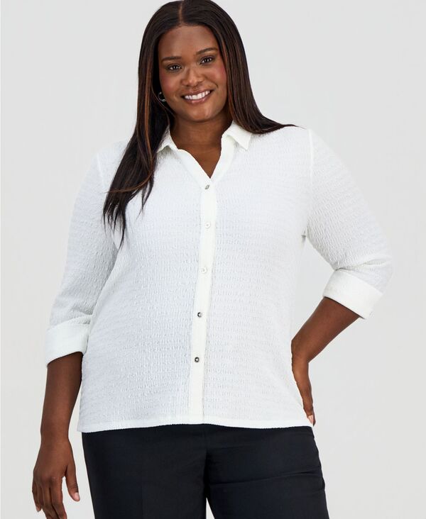 カスパール レディース トップス シャツ プラスサイズ Kasper Plusize 3/4-Sleeve Button-Front Shirt Vanilla Ice