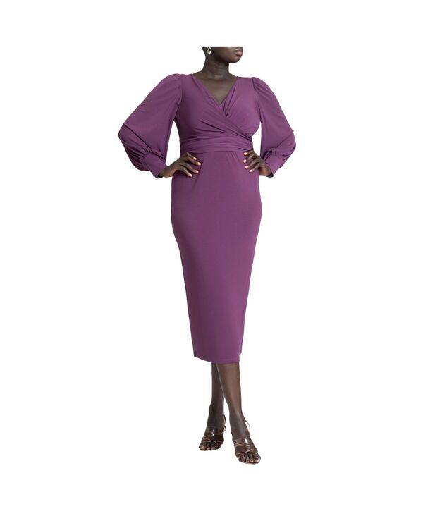 エロクイ レディース トップス ワンピース プラスサイズ ミディ ELOQUII Women's Plusize Cross Front Midi Dress Plum プラム|ReVida 店