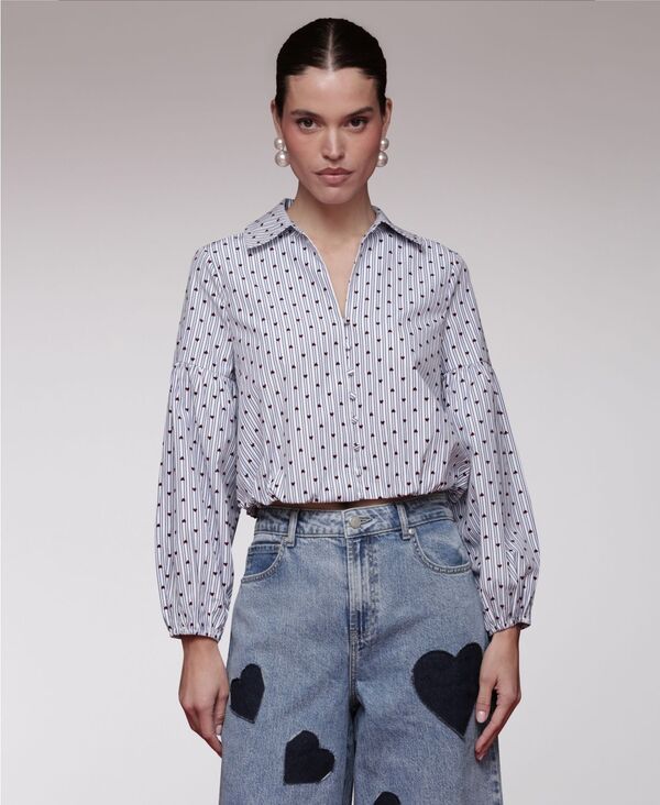 アヴェックレフィーユ レディース トップス シャツ プリント クロップド 長袖 Avec Les Filles Women's Printed Long-Sleeve Cropped Shirt Flocked Hearts
