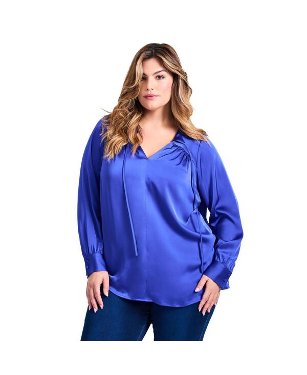 アベニュー レディース トップス シャツ サテン ブラウス AVENUE Women's Marlene Tie Front Satin Blouse Royal blue ブルー