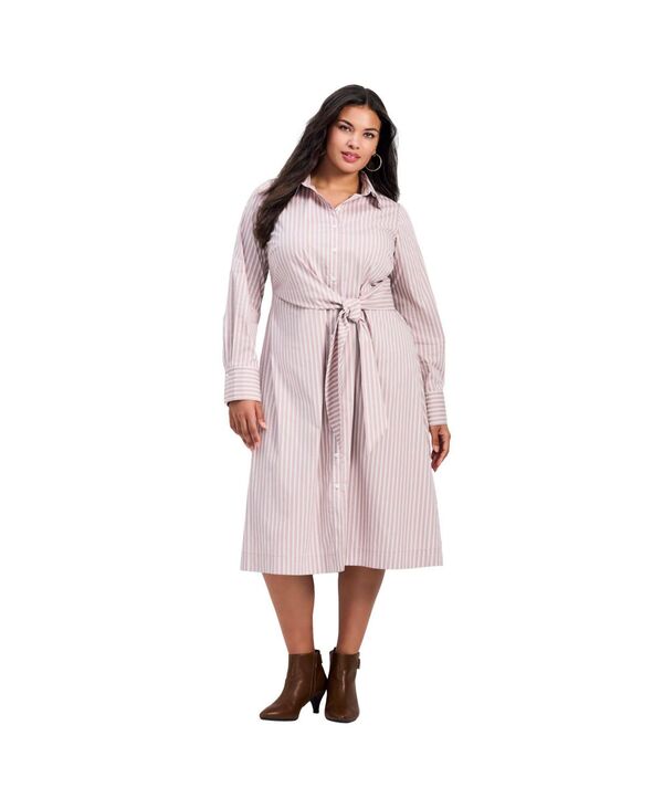 アベニュー レディース トップス ワンピース シャツ AVENUE Women's Bethany Poplin Tie Front Shirtdress Caramel stripe ストライプ