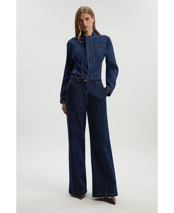 カレンミレン レディース トップス シャツ デニム ブラウス Karen Millen Women's Denim Pussybow Blouse Mid blue ブルー｜ReVida 店