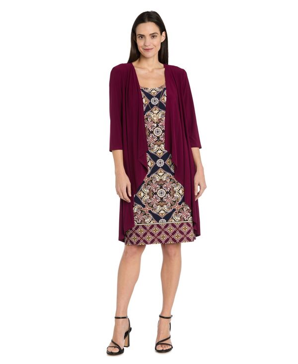 アールアンドエムリチャーズ レディース トップス ワンピース プリント ジャケット R & M Richards Women's Printed Interlock Twist Yarn Jacket Dress 2-Piece Set Burgundy/Navy ネイビー