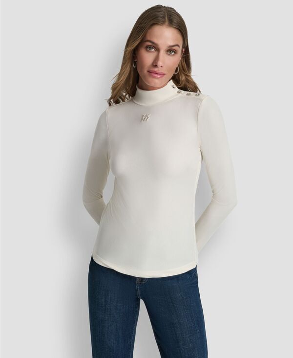 ダナキャランニューヨーク レディース トップス シャツ モックネック 長袖 DKNY Jeans Women's Jewel Button Shoulder Mock Neck Long-Sleeve T-Shirt Egg Nog｜ReVida 店