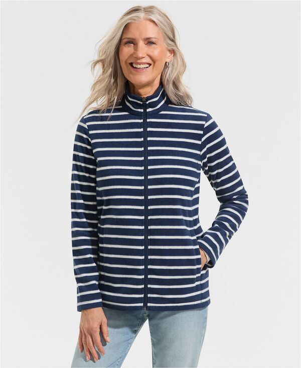 ランズエンド レディース アウター ジャケット・ブルゾン プリント フリース Lands' End Women's Anyweather Fleece Full Ziprint Jacket Deep sea navy/ivory stripe アイボリー｜ReVida 店