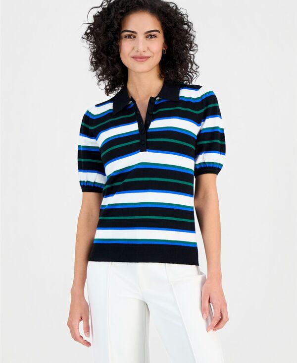 ティー・タハリ レディース トップス シャツ Tahari Women'striped Elbow-Sleeve Polo Shirt Bk/twlt Sk ストライプ