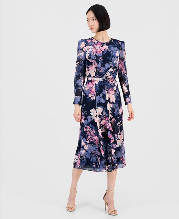 タハリエーエスエル レディース トップス ワンピース フラワー柄 フリル 長袖 フラワー Tahari ASL Women's Floralong-Sleeve Ruffledress Navy Peri Floral ネイビー