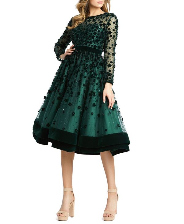 マックダガル レディース トップス ワンピース ハイネック Mac Duggal Women's Embellished Illusion High Neck Long Sleeve Fit & Flare Dress Emerald エメラルド|ReVida 店