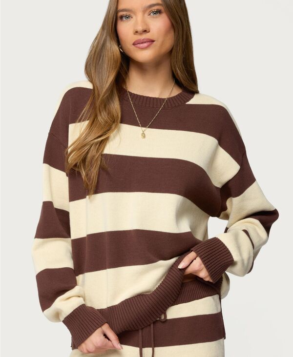 アディクテッド レディース アウター ニット・セーター Edikted Women's Riley Oversized Striped Sweater Brown-and-beige ブラウン
