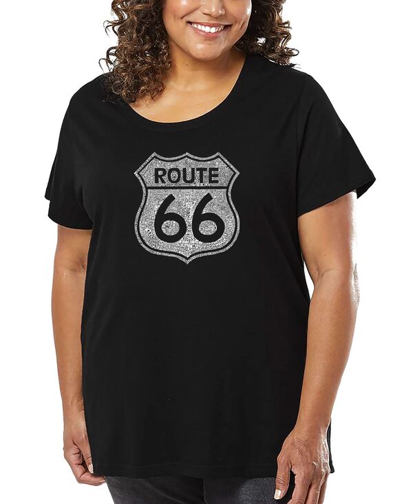 エルエーポップアート レディース トップス Tシャツ プラスサイズ LA Pop Art Plusize Cities Along The Legendary Route 66 Word Art-Shirt Black ブラック｜ReVida 店