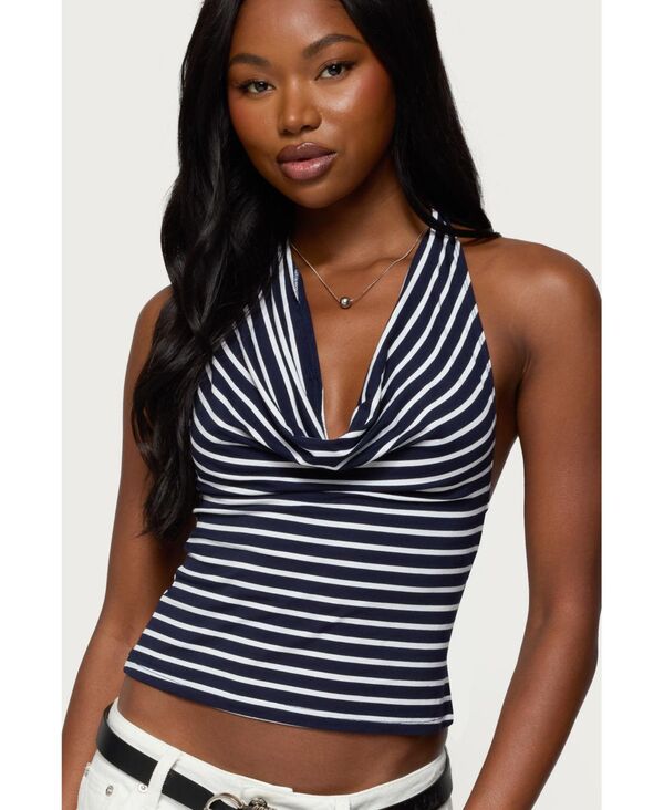 アディクテッド レディース トップス シャツ ホルター Edikted Women'striped Cowl Neck Halter Top Navy-and-white ホワイト|ReVida 店