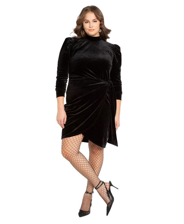 エロクイ レディース トップス ワンピース プラスサイズ ミニ ベルベット スカート ELOQUII Women's Plusize Velvet Mini Dress With Wrap Skirtotally black ブラック