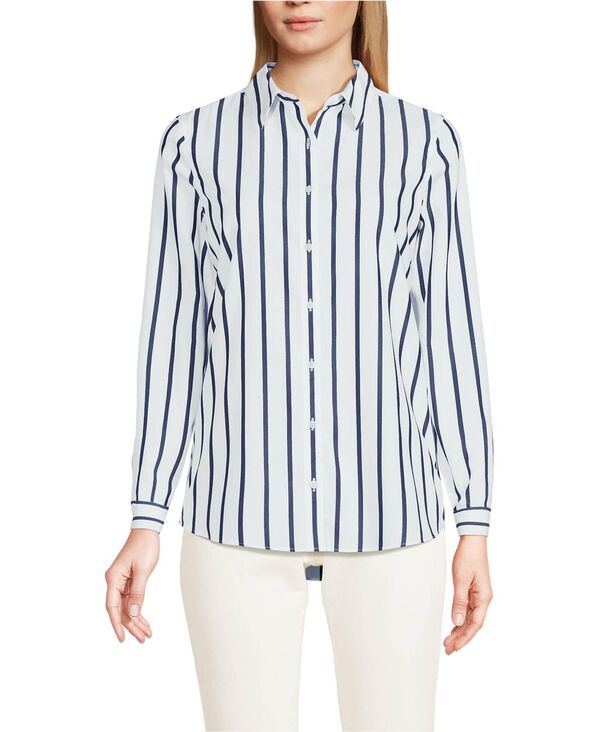 ランズエンド レディース トップス シャツ Lands' End Women's No Iron Button Front Shirt White/navy classic stripe ホワイト