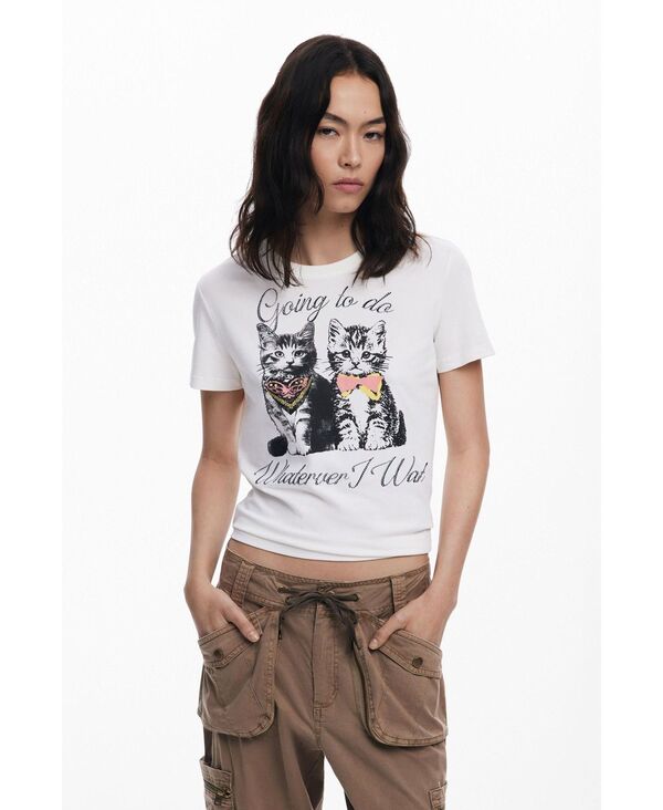デジグアル レディース トップス シャツ Desigual Women T-shirt with cat rhinestones Off white オフホワイト