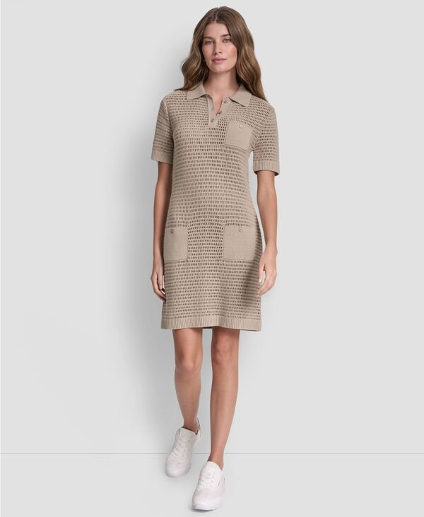 ダナキャランニューヨーク レディース トップス ワンピース ポロシャツ DKNY Jeans Women'short Sleeve Polo Collar Faux Crochet Stitch Short Dress Pebble