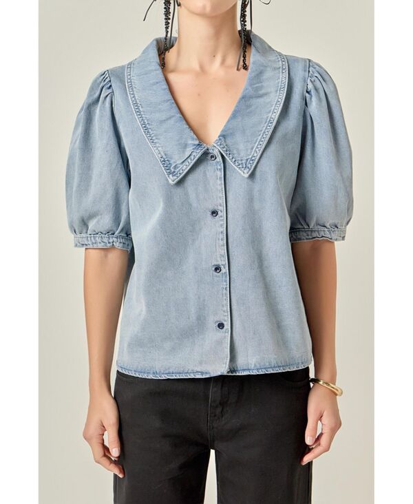 イングリッシュファクトリー レディース トップス シャツ Vネック デニム English Factory Women's Deep V-Neck Button Up Denim Shirt Blue ブルー