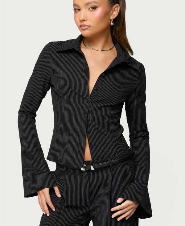 アディクテッド レディース トップス シャツ Edikted Women's Pinstripe Tailored Button Up Shirt Black ブラック