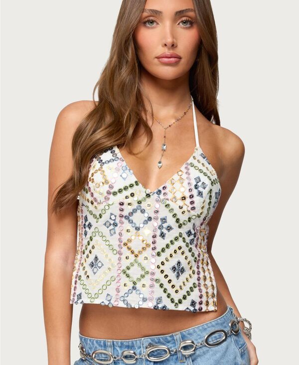 アディクテッド レディース トップス シャツ 背中開き スパンコール 刺繍 Edikted Women Embroidered Sequin Backless Top Mix