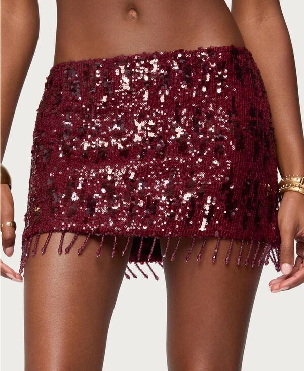アディクテッド レディース ボトムスカート ミニ スパンコール フリンジ Edikted Women's Dalis Fringed Sequin Mini Skirt Burgundy バーガンディ|ReVida 店