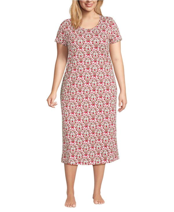ランズエンド レディース アンダーウェア ナイトウェア プラスサイズ コットン Lands' End Plusize Cotton Short Sleeve Midcalf Nightgown Ivory/red floral wreath アイボリー