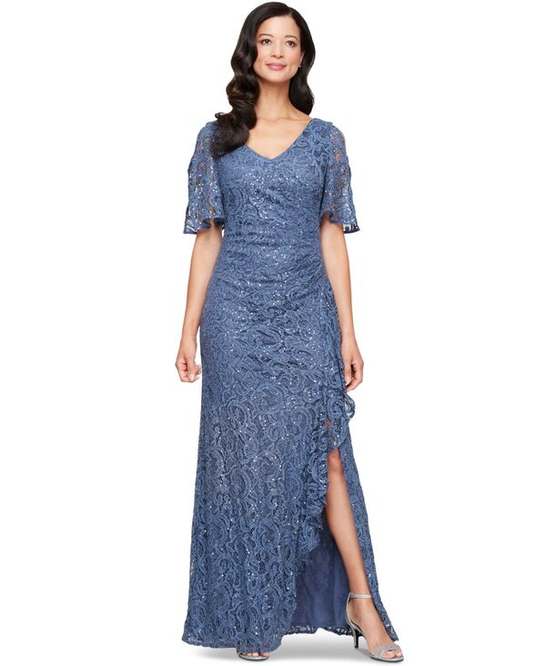 アレックスイブニングス レディース トップス ワンピースパンコール レース Alex Evenings Women'sequinned-Lace Cold-Shoulder Gown Wedgewood