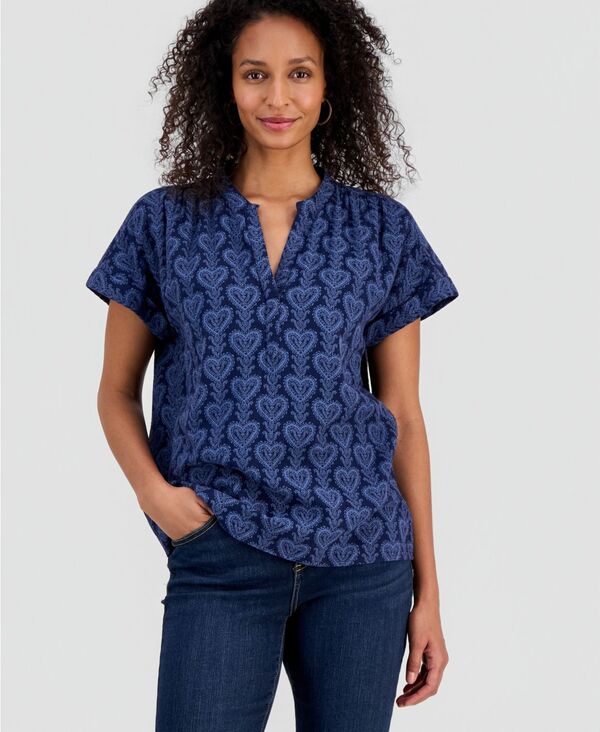 スタイルアンドコー レディース トップス シャツ プリント Style & Co Women's Printed Split-Neck Gauze Popover Top Heart Indigo Blue インディゴ