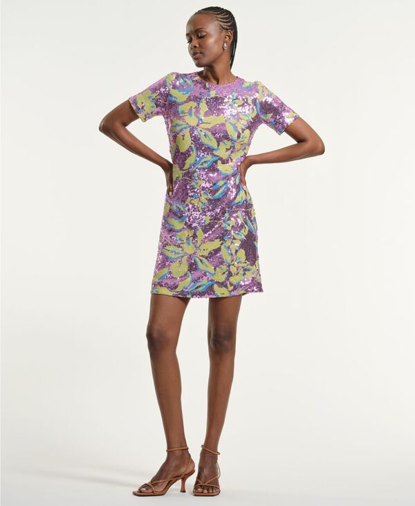 イザックミズラヒ レディース トップス ワンピース クルーネック スパンコール Isaac Mizrahi Women'sequin Crewneck Shift Dress Pink Multi ピンク|ReVida 店