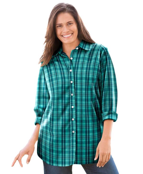 ウーマン ウィズイン レディース トップス シャツ プラスサイズ Woman Within Plusize Perfect Long Sleeve Shirt Aquamarine plaid チェック