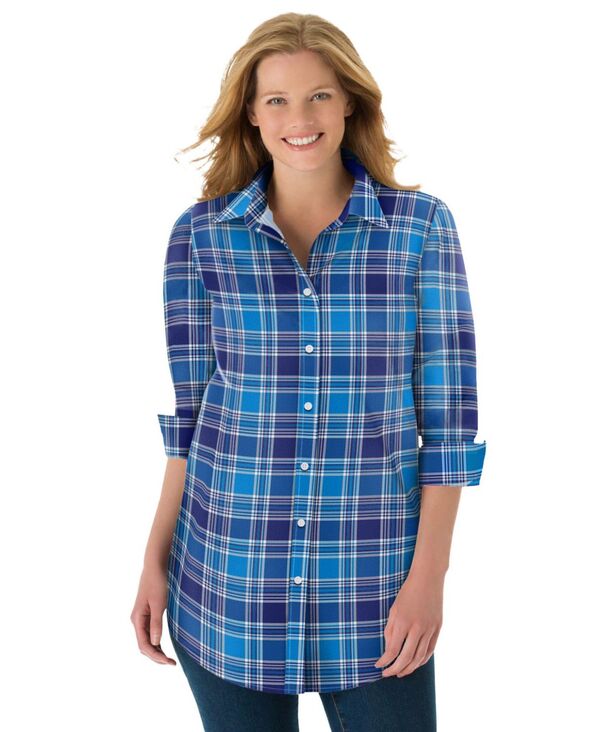 ウーマン ウィズイン レディース トップス シャツ プラスサイズ Woman Within Plusize Perfect Long Sleeve Shirt Evening blue pretty plaid ブルー