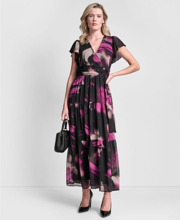 ダナ キャラン ニューヨーク レディース トップス ワンピース フリル キャップ マキシ DKNY Women's Ruffle Cap Sleeve Surplice Neck Maxi Dress Black Multi ブラック 18,706円