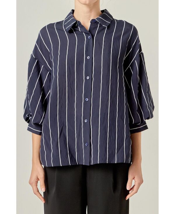 イングリッシュファクトリー レディース トップス シャツ プチ English Factory Petite Stripe Ballon sleeve shirt Navy/white ホワイト
