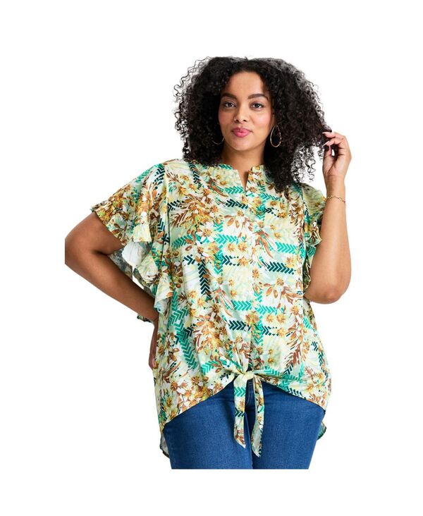 アベニュー レディース トップス シャツ プラスサイズ ブラウス AVENUE Women's Plusize Tie Front Scarf Sleeve Blouse Green tropical oasis グリーン