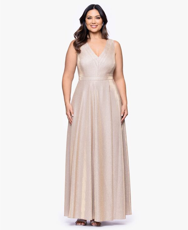 エスケープ レディース トップス ワンピース Vネック プラスサイズ XSCAPE Plusize V-Neck Glitter Ball Gown Blush Silver ブラッシュ|ReVida 店