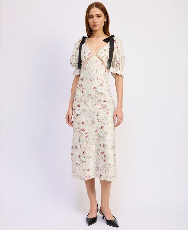 エン 陽気 レディース トップス 衣装 Vのど首 midi 半袖 En Saison Women\u0027s V-Neck Short-Sleeve Midi Dress Ivory Pink Multi 象牙色 ワンピース-レディースファッション