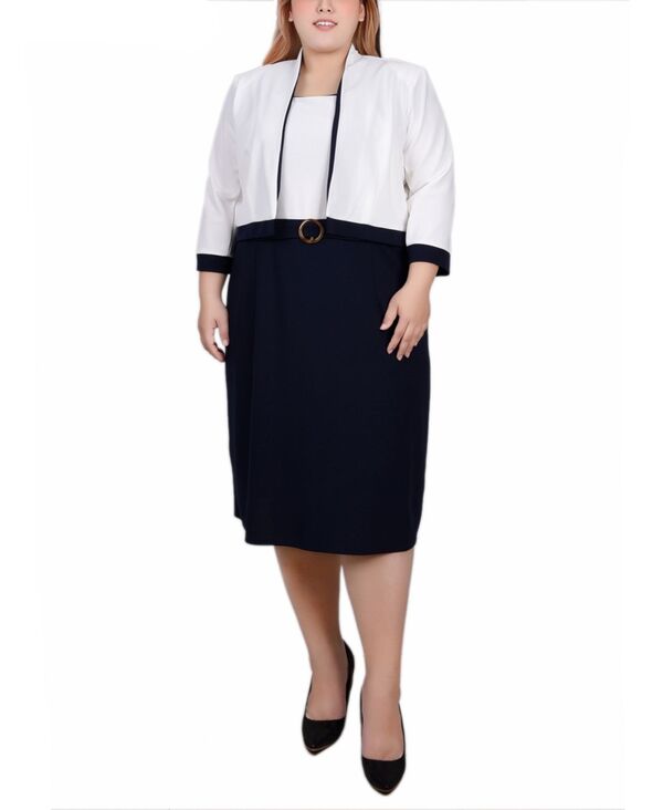 ニューヨークコレクション レディース トップス ワンピース プラスサイズ カラーブロック NY Collection Plusize 3/4 Sleeve Colorblockedress 2 Piece Set Navy Ivory アイボリー