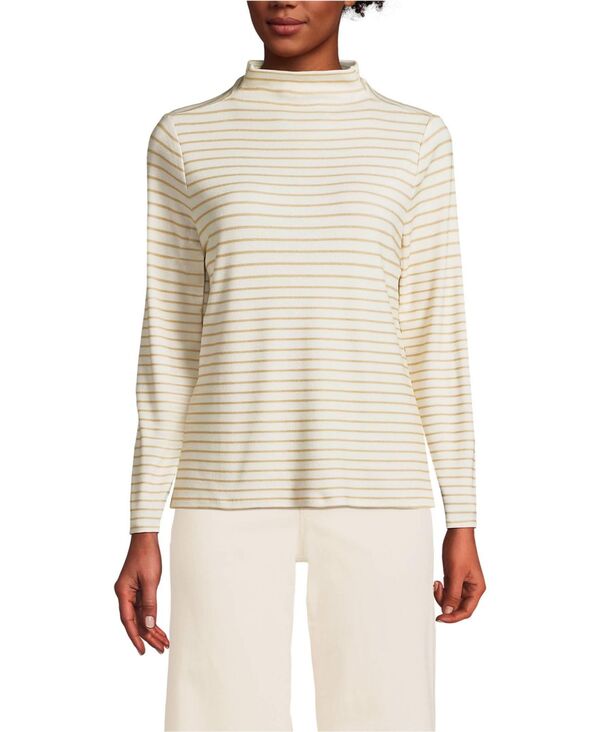ランズエンド レディース トップス シャツ モックネック Lands' End Women's Drapey Rib Skimming Long Sleeve Mock Neck Ivory/champagne stripe アイボリー