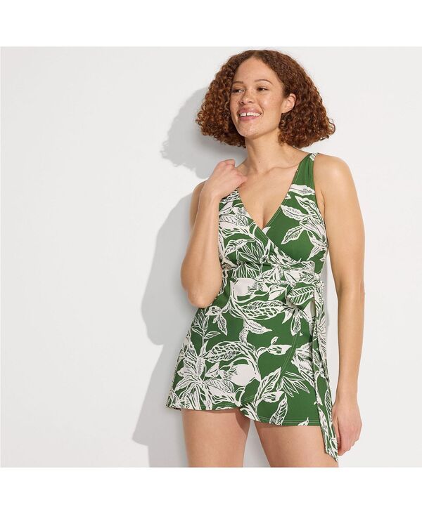 ランズエンド レディース トップス ワンピース ミニ Lands' End Women'side Tie Mini Swim Dresswimsuit Fusion green etched leaves グリーン