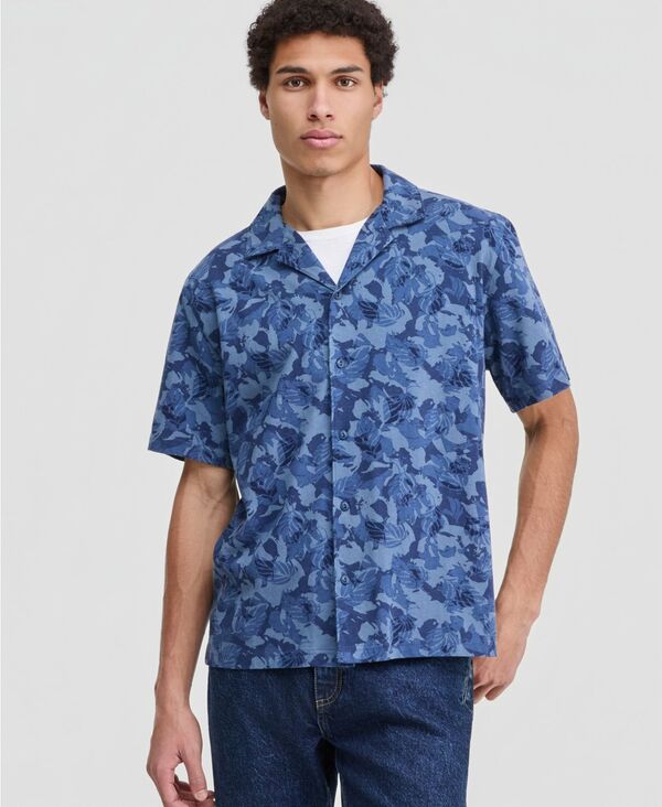 サンストーン メンズ トップス シャツ プリント 半袖 Sun + Stone Men'short-Sleeve Leaf Print Button-Front Camp Shirt Dark Blue ブルー