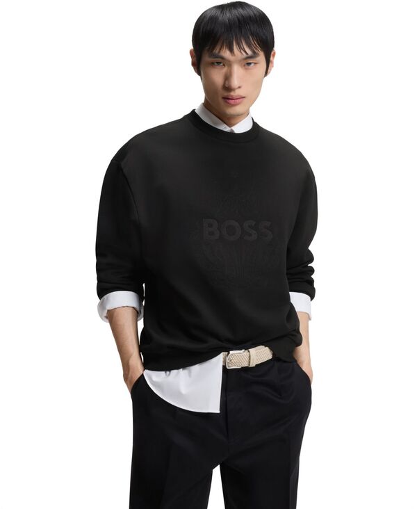 ヒューゴボス メンズ アウター パーカー・スウェット パイル シャツ コットン ロゴ Hugo Boss Men's Cotton Terry Oversized-Fit Logo Sweatshirt Black ブラック