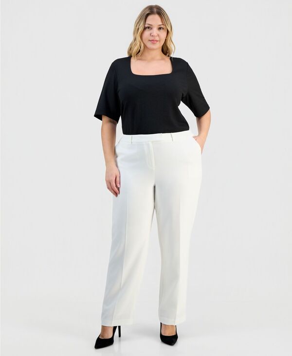 カスパール レディース アウター ジャケット・ブルゾン クレープラスサイズ パンツ Kasper Plusize Stretch Crepe Press-Pleat Straight-Leg Pants Vanilla Ice