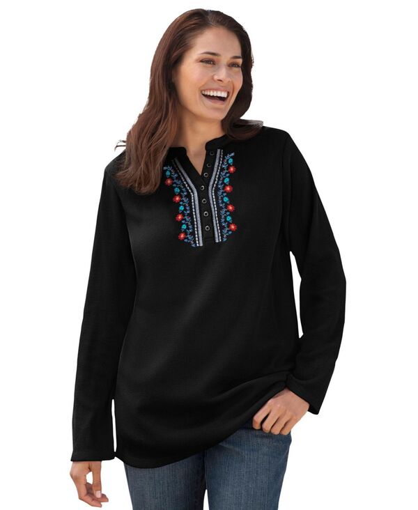 ウーマン ウィズイン レディース トップス シャツ プラスサイズ 刺繍 Woman Within Women's Plusizembroidered Thermal Henley Tee Black vinembroidery ブラック