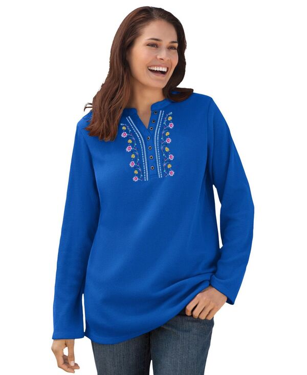 ウーマン ウィズイン レディース トップス シャツ プラスサイズ 刺繍 Woman Within Women's Plusizembroidered Thermal Henley Tee Bright cobalt vinembroidery コバルト