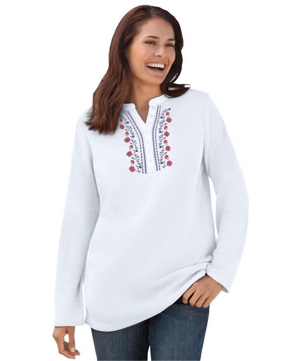 ウーマン ウィズイン レディース トップス シャツ プラスサイズ 刺繍 Woman Within Women's Plusizembroidered Thermal Henley Tee White vinembroidery ホワイト