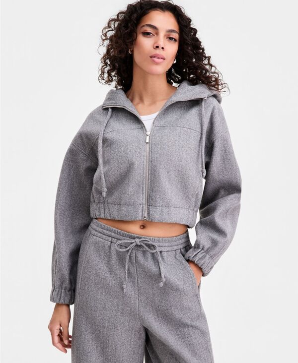 バースリー レディース アウター パーカー・スウェット クロップド Bar III Women's Felt Cropped Hoodie Lt Heather Grey グレー