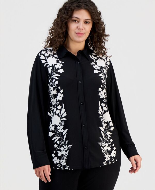アンクライン レディース トップス シャツ プラスサイズ プリント ブラウス 長袖 Anne Klein Plusize Printed Long-Sleeve Blouse Anne Black/White Dove ホワイト｜ReVida 店