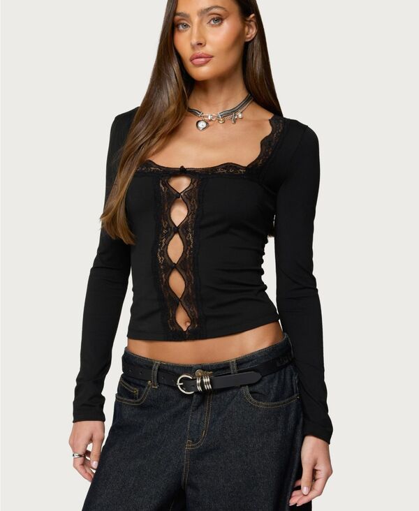 アディクテッド レディース トップス シャツ レース Edikted Women's Zeya Lacey Keyhole Top Black ブラック