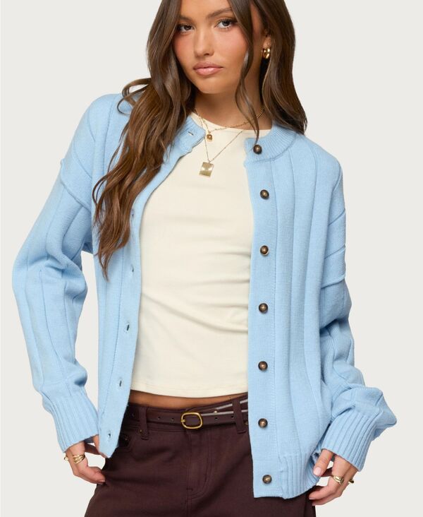 アディクテッド レディース アウター ニット・セーター リブ カーディガン Edikted Women's Joanie Wide Ribbed Knit Cardigan Blue ブルー